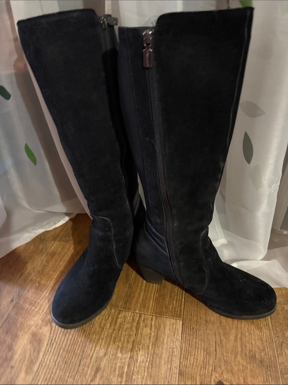 Black Knee-High Suede Boots with faux leather - Women's Classic Zip Boots - Picture 2 of 3